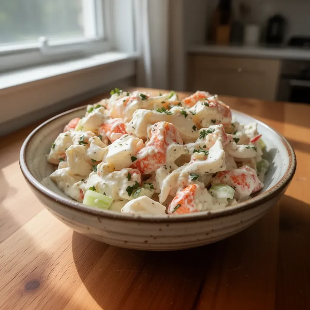 Delicious crab seafood salad with fresh ingredients and herbs.