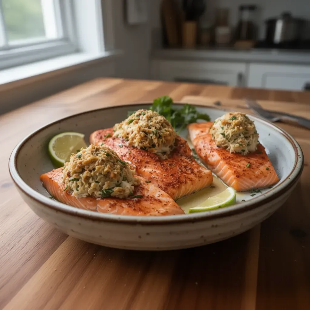 Delicious Crab-Stuffed Salmon served on a plate with lemon and herbs.