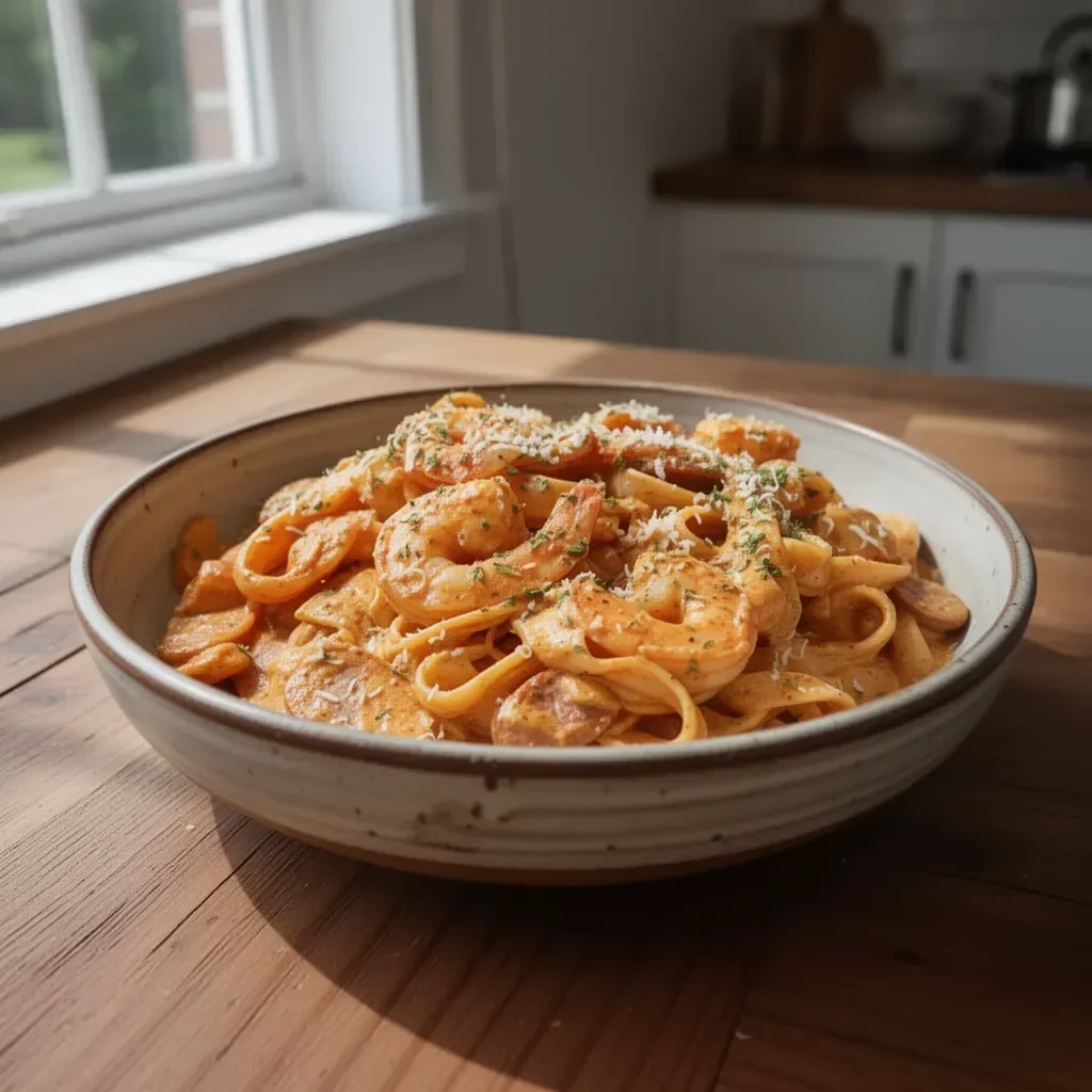 Creamy Cajun shrimp pasta with sausage served on a plate