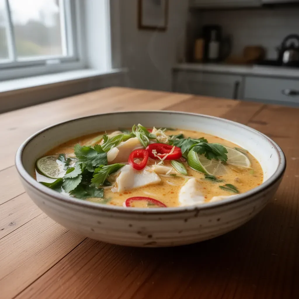 Bowl of creamy coconut lime fish soup garnished with fresh herbs and lime wedges