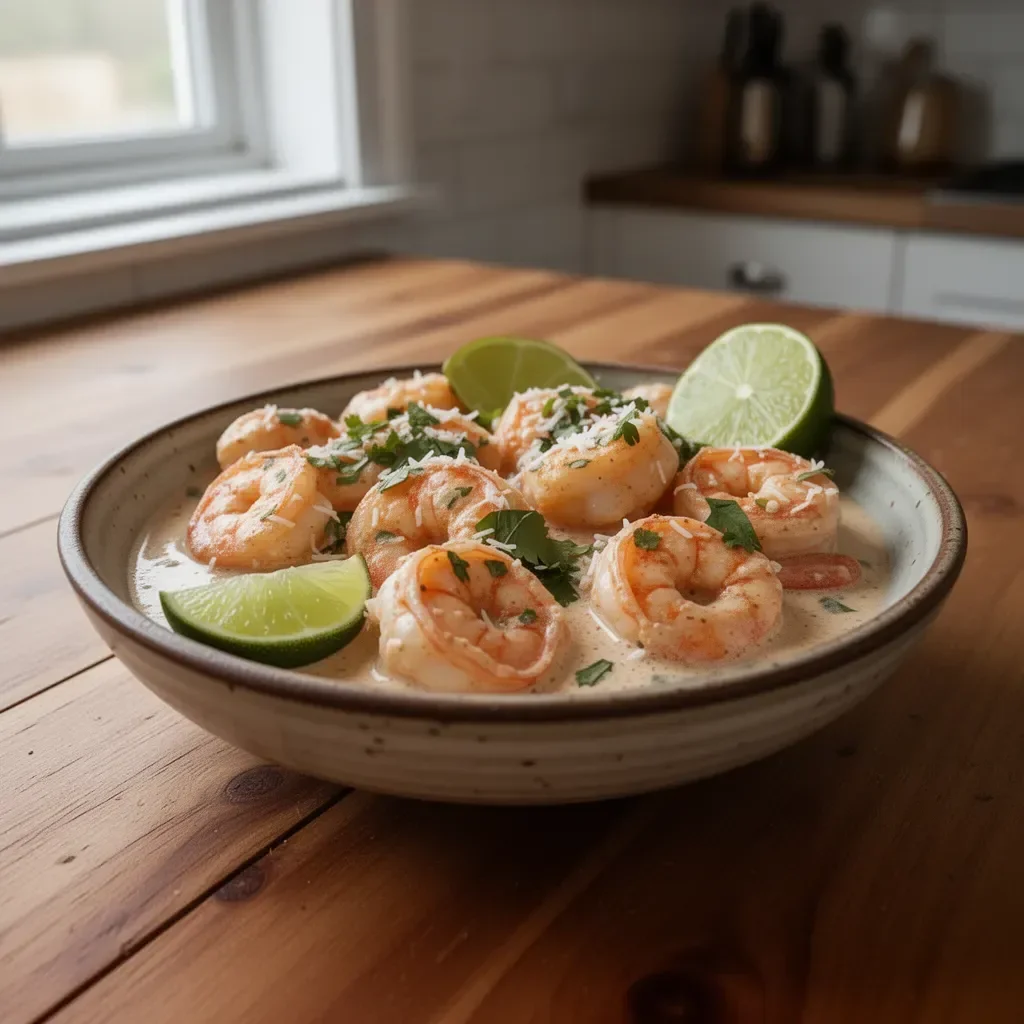 Delicious creamy coconut shrimp served with a garnish.