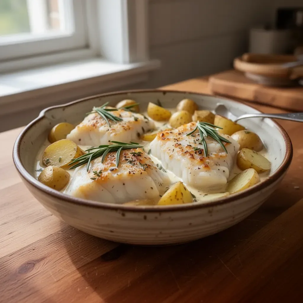 Creamy cod with potatoes served on a plate, garnished with parsley.