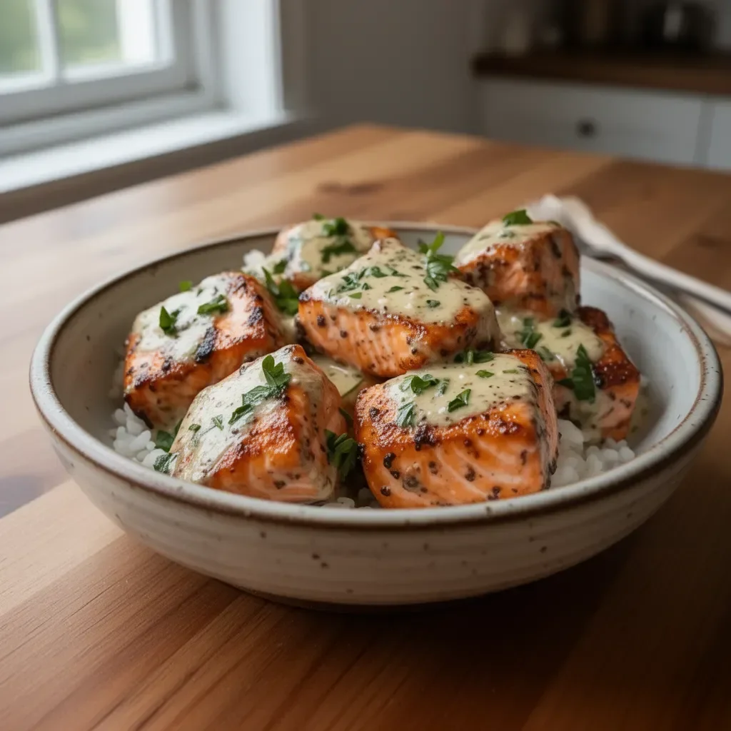 Creamy Garlic Butter Salmon Bites served with a side of vegetables