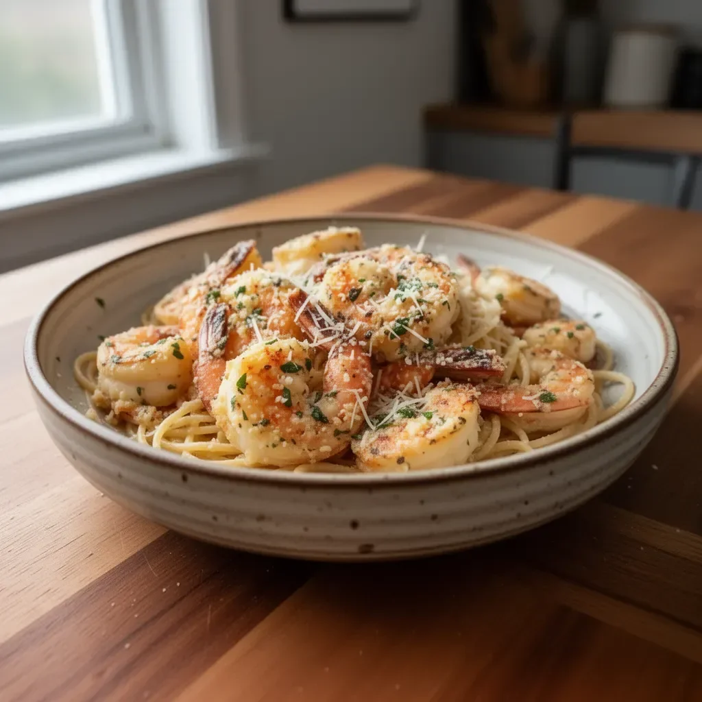 Creamy garlic parmesan shrimp pasta garnished with parsley and served in a bowl