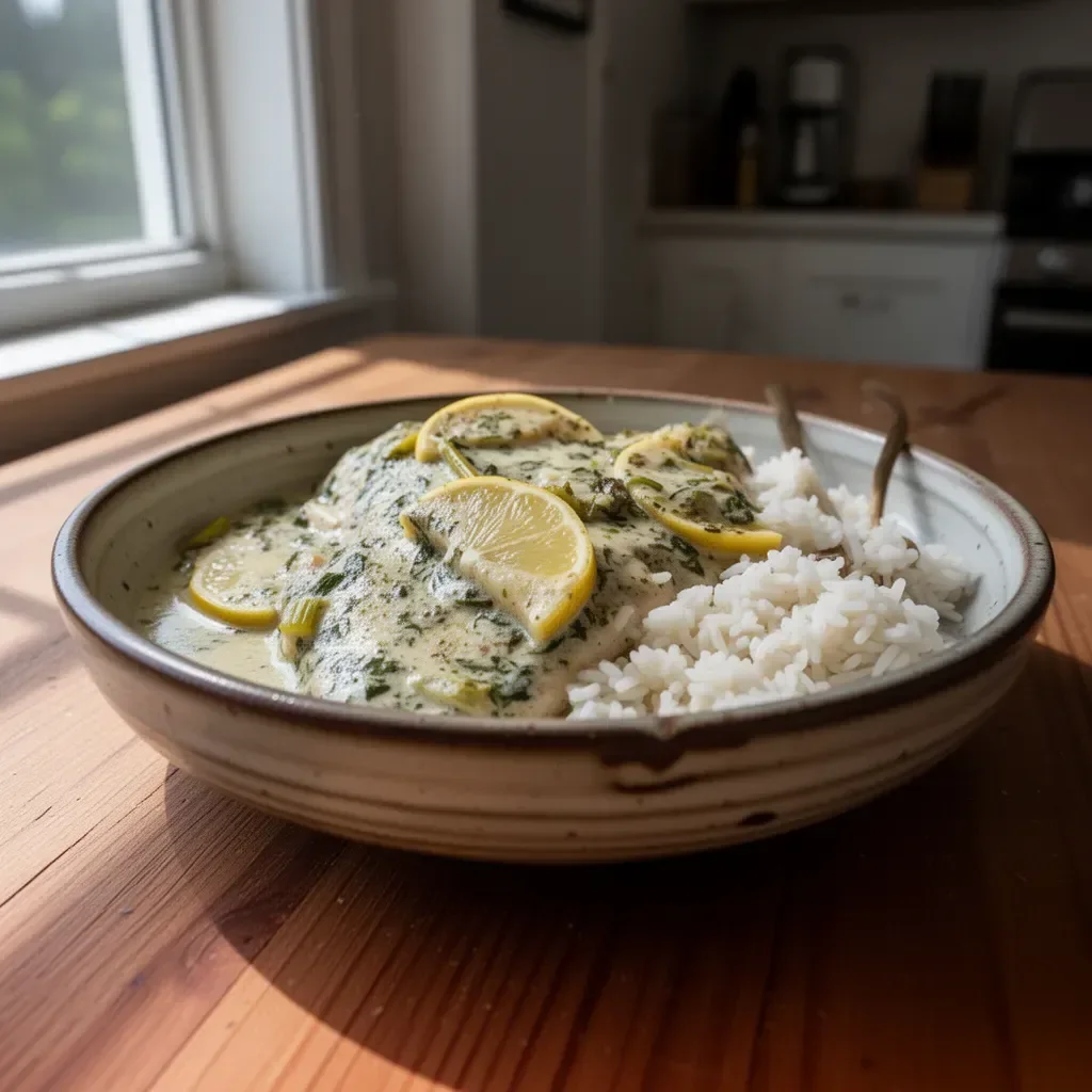 Creamy lemon garlic herb tilapia garnished with herbs and lemon slices.