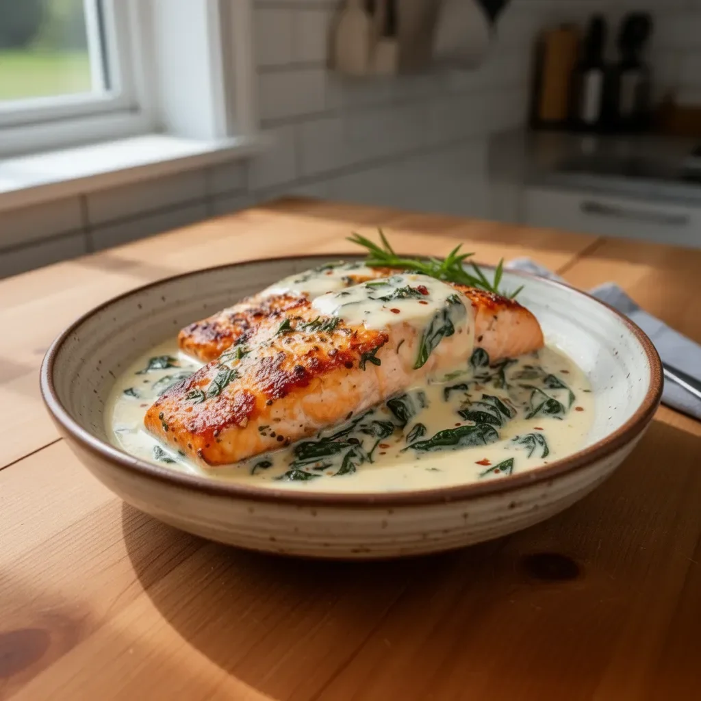 Creamy salmon florentine dish with spinach and a rich sauce