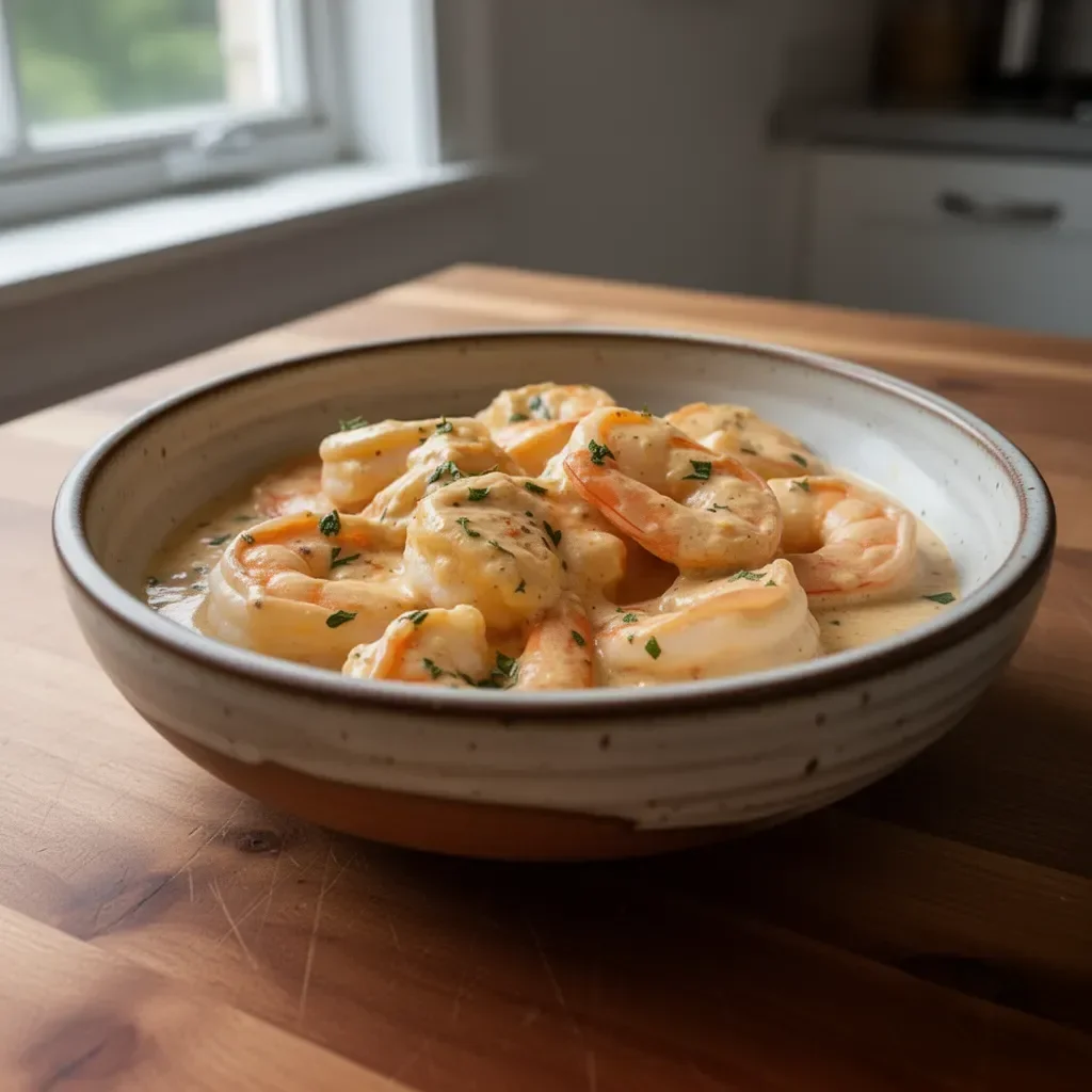 Delicious creamy Shrimp Newburg served in a bowl, garnished with herbs.