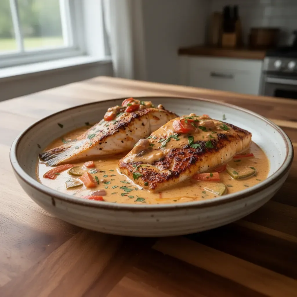 Creamy spicy Creole red snapper served on a plate with fresh herbs