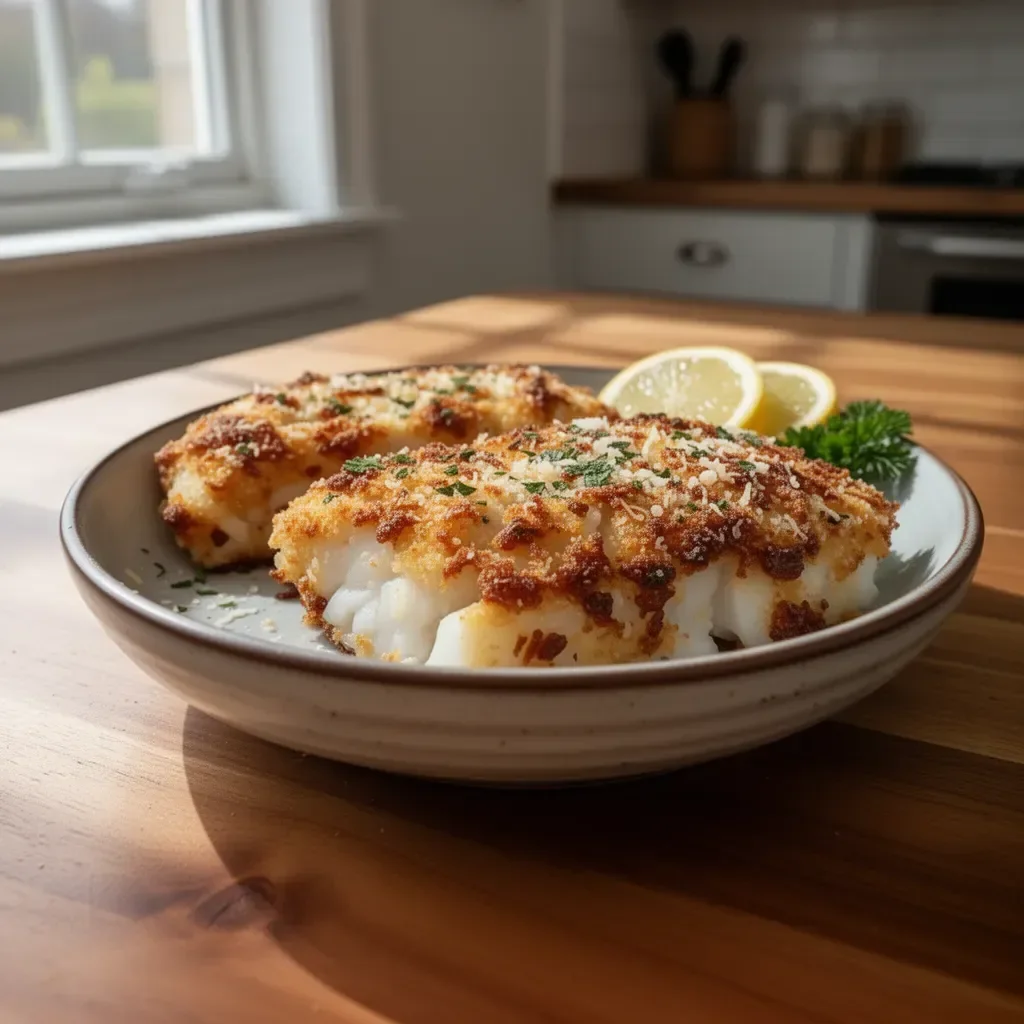 Crispy Air Fryer Parmesan Crusted Cod served with lemon and herbs