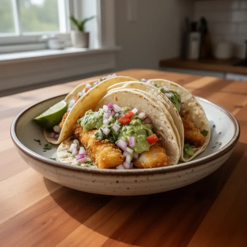 Crispy Baja fish tacos topped with creamy avocado sauce and fresh ingredients.