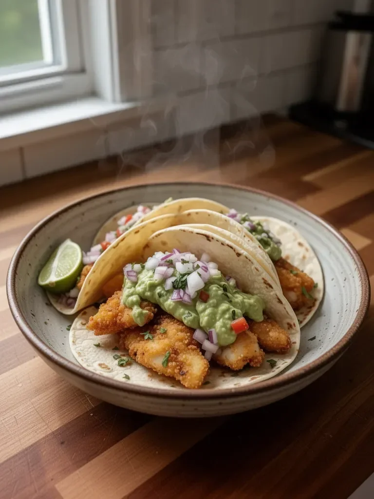 Crispy Baja Fish Tacos with Avocado Cream