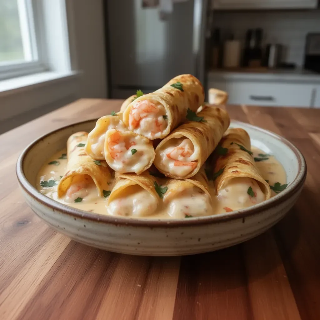 Delicious Crispy Crab Queso Taquitos with shrimp, served on a platter.