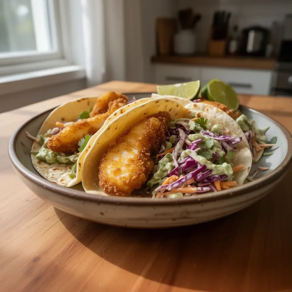 Crispy fish tacos with cilantro lime slaw served on a plate