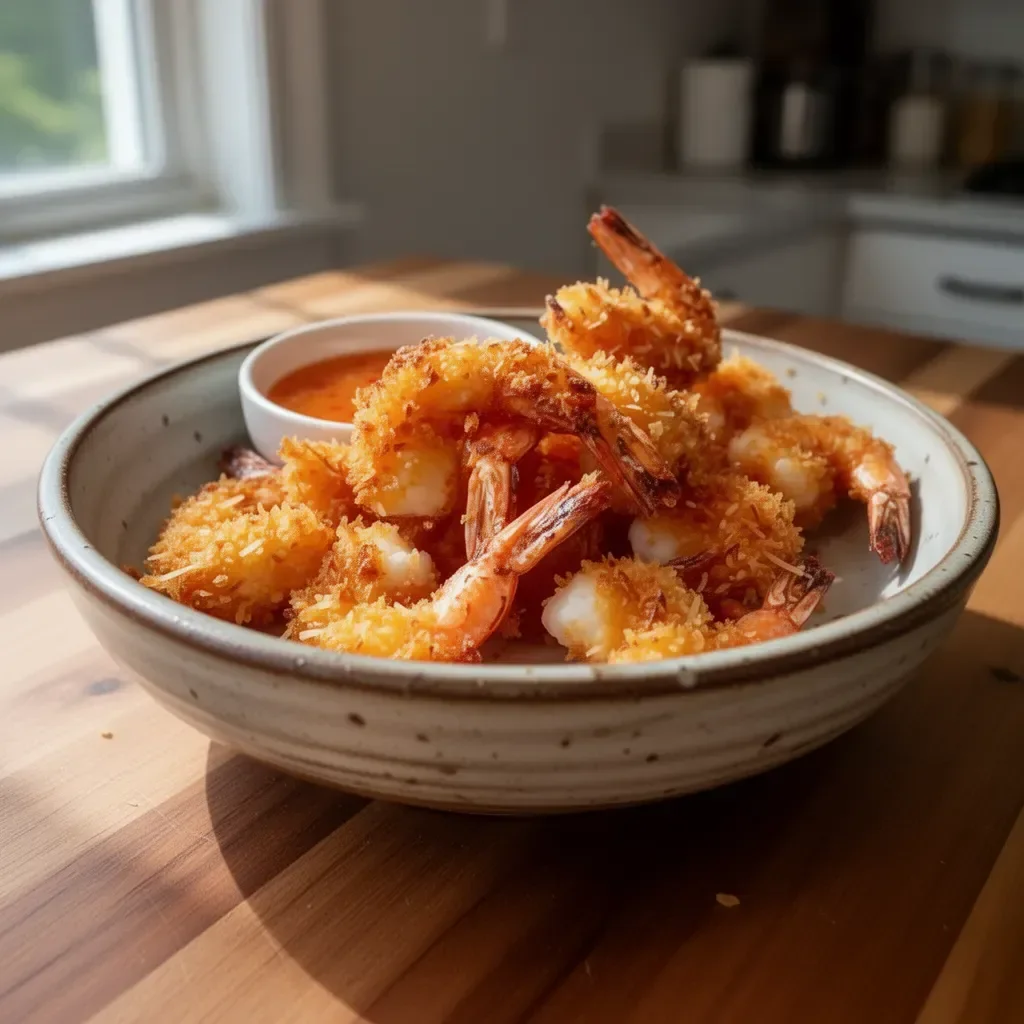 Crispy panko coconut shrimp with sweet chili dipping sauce on a plate