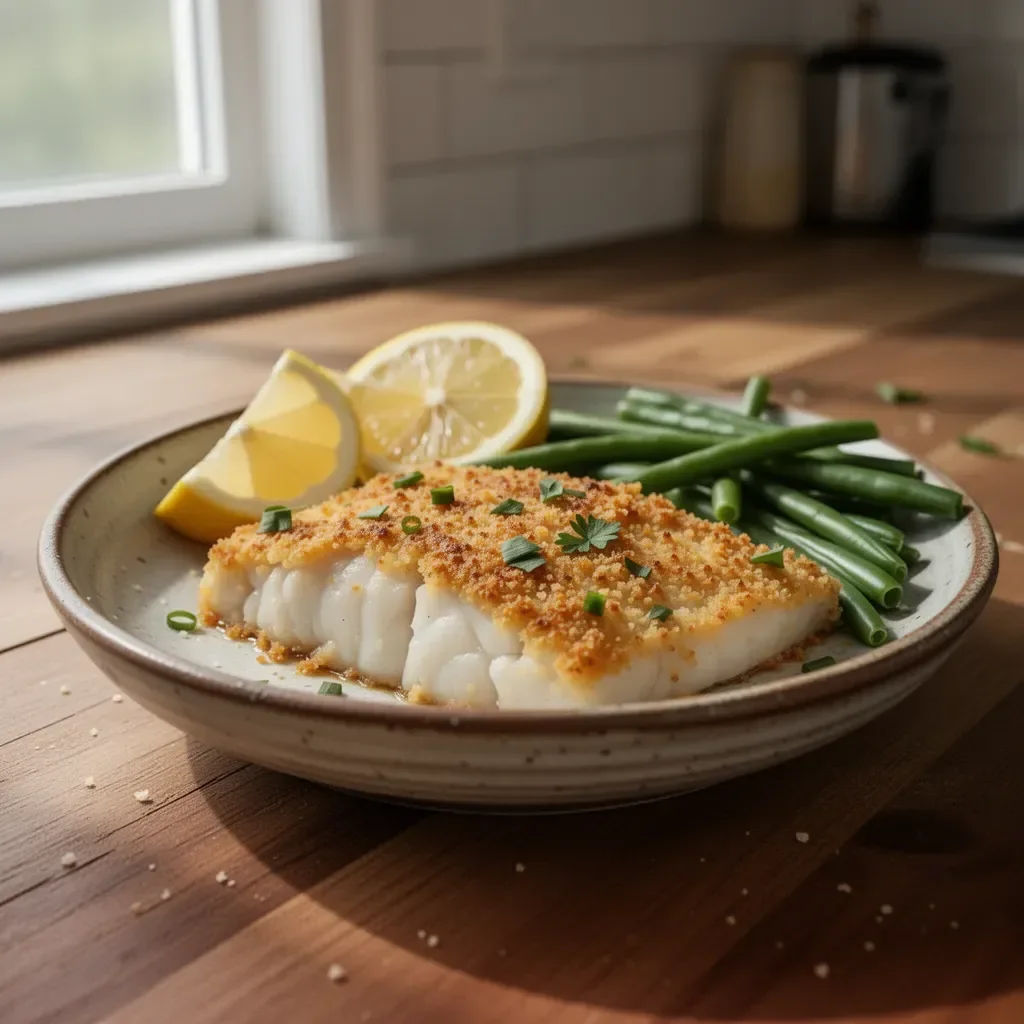 Crispy Parmesan-Crusted Cod fillet on a white plate with herbs