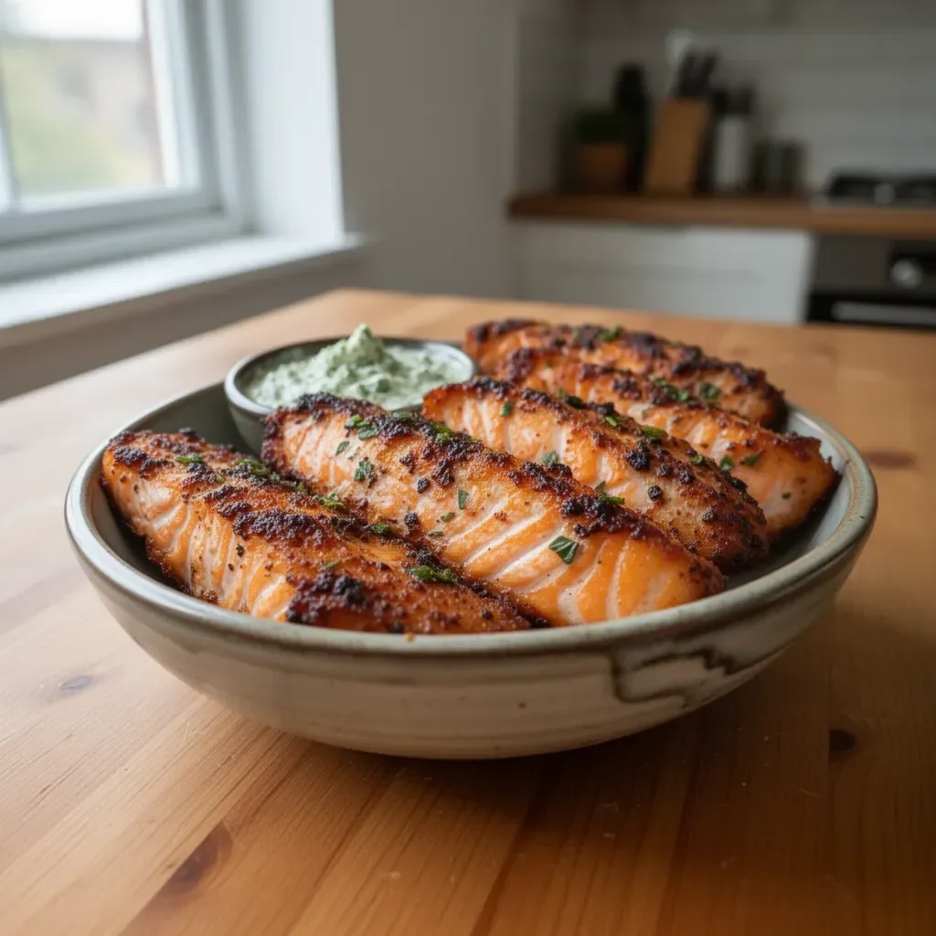 Crispy salmon strips served with herb tartar dip on a plate