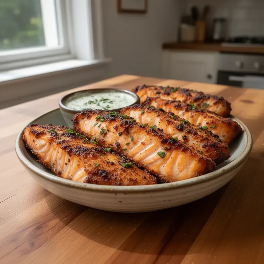 Crispy salmon strips served with an herb tartar dip for a flavorful dish