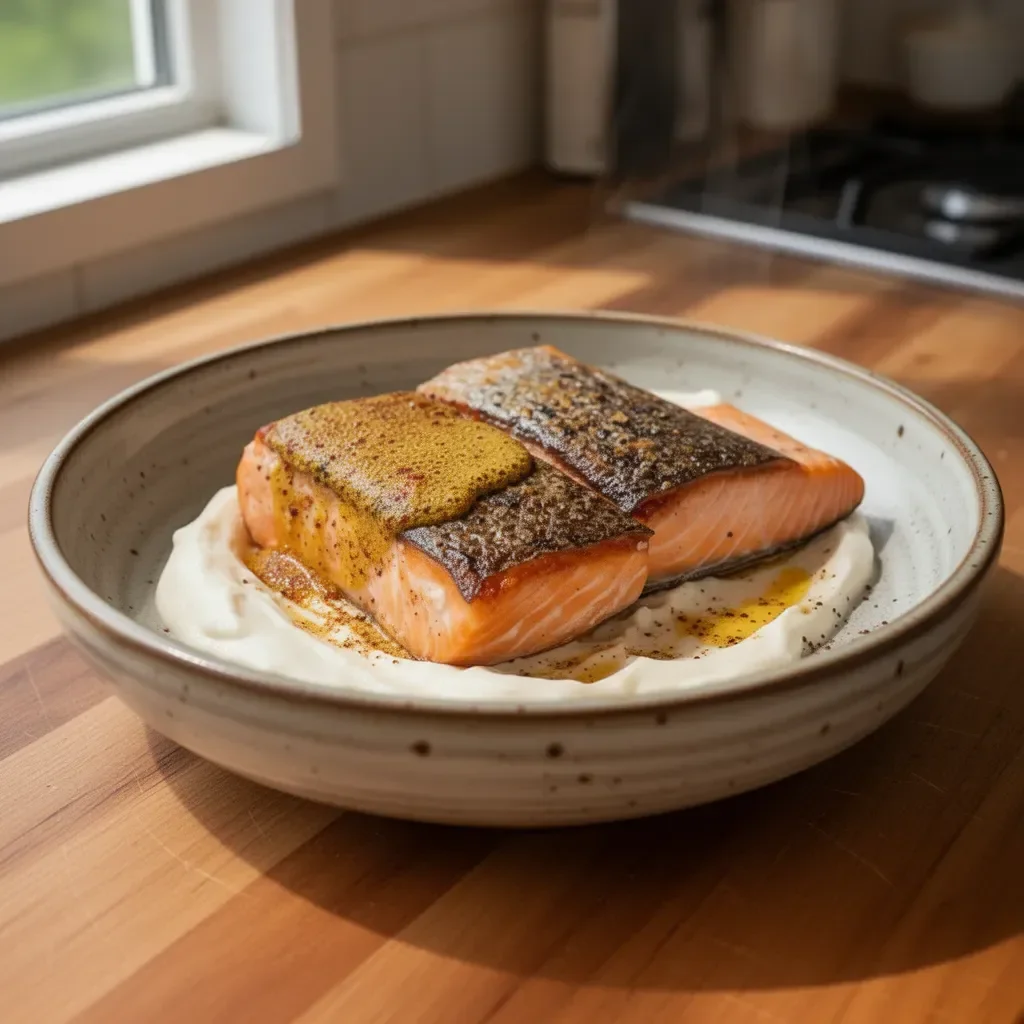 Crispy salmon fillet served with spiced butter and garnished with herbs.