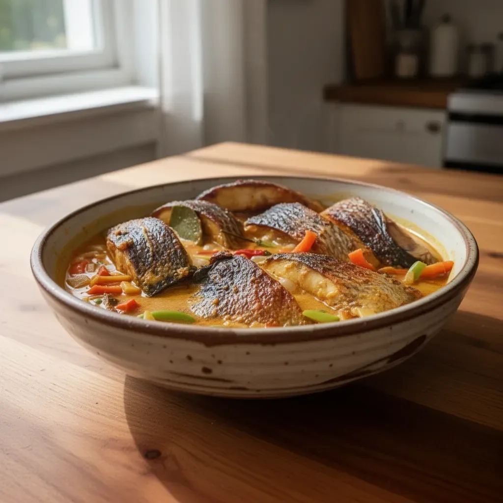 Delicious Curry Fish served with aromatic spices and herbs
