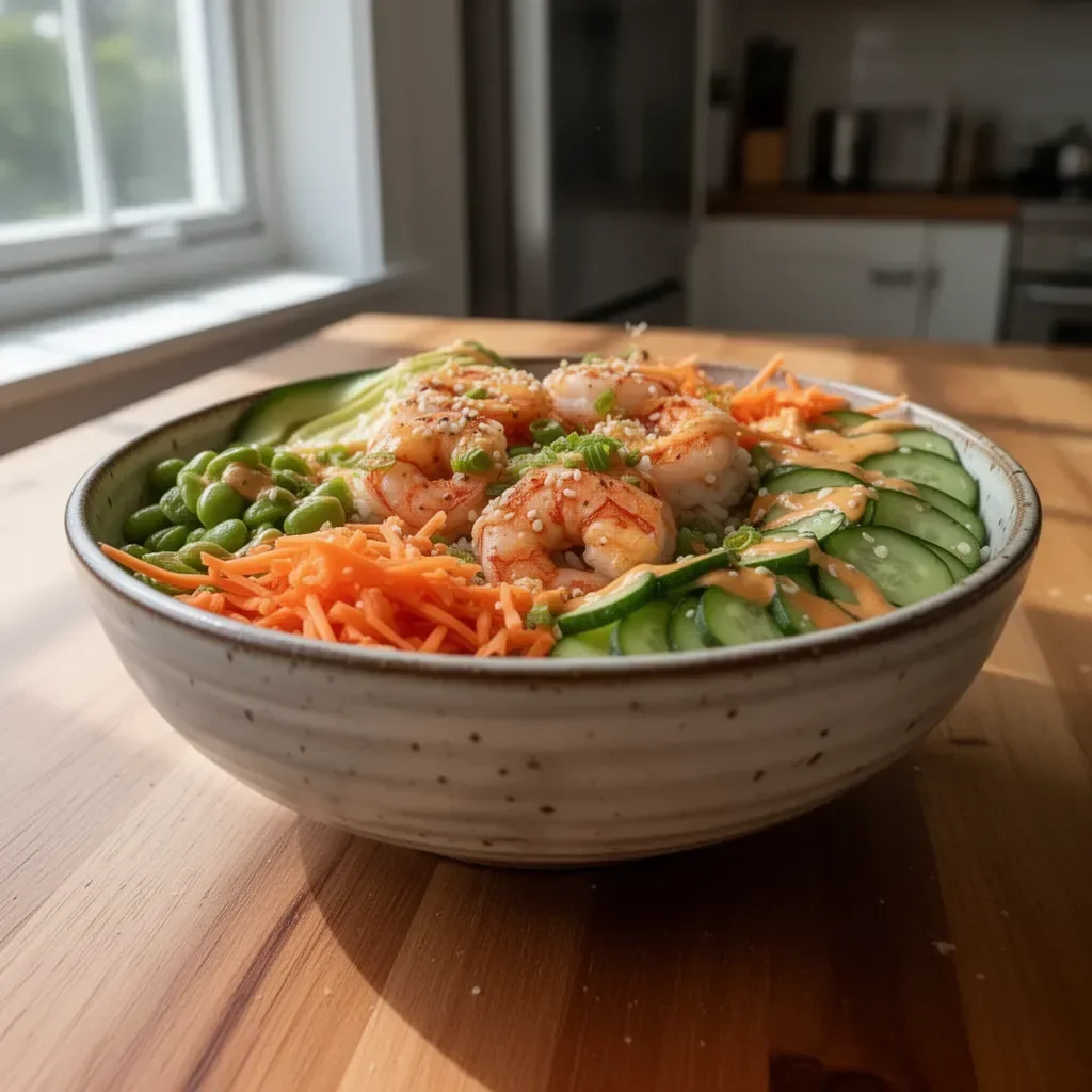Deconstructed Shrimp Sushi Bowl with fresh ingredients and vibrant presentation