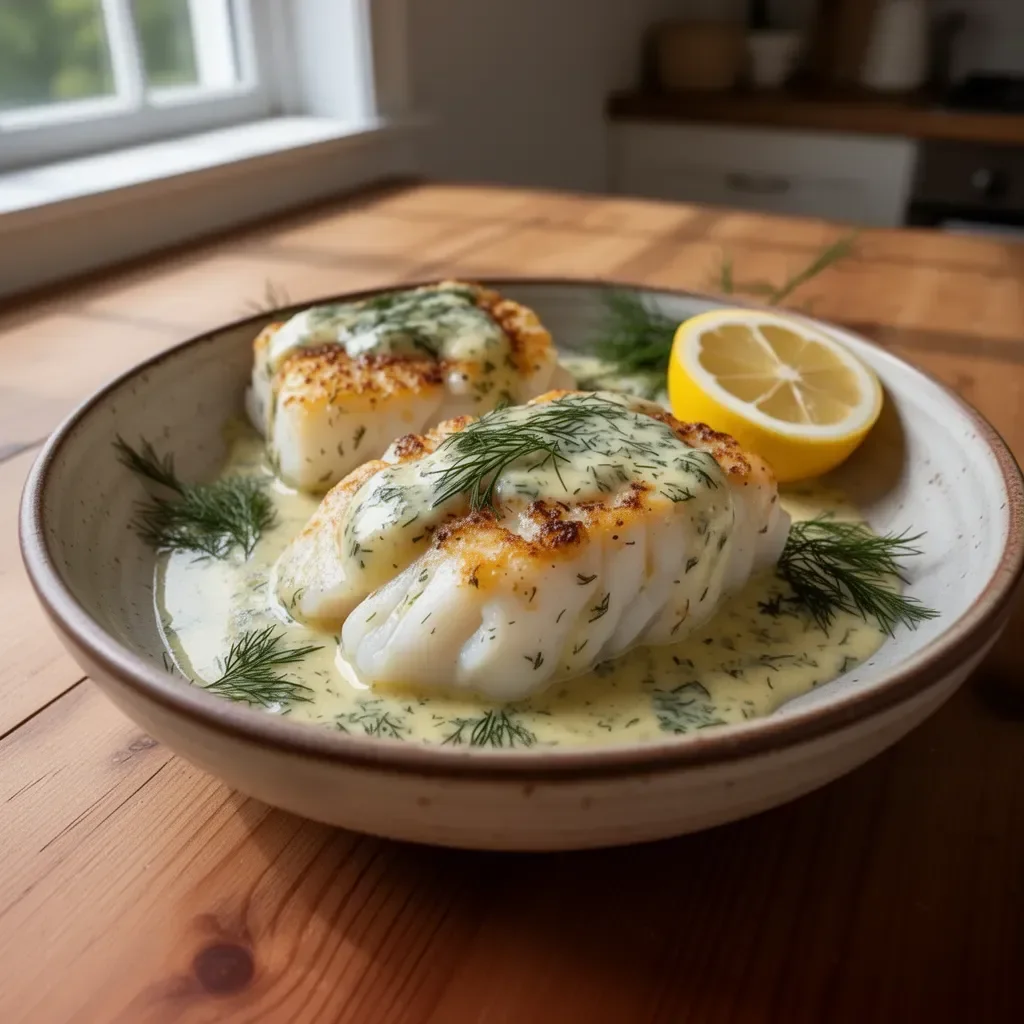 Plate of delicious baked cod garnished with lemon dill sauce and fresh herbs