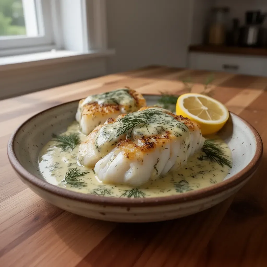 Delicious baked cod fillet garnished with lemon and dill sauce.