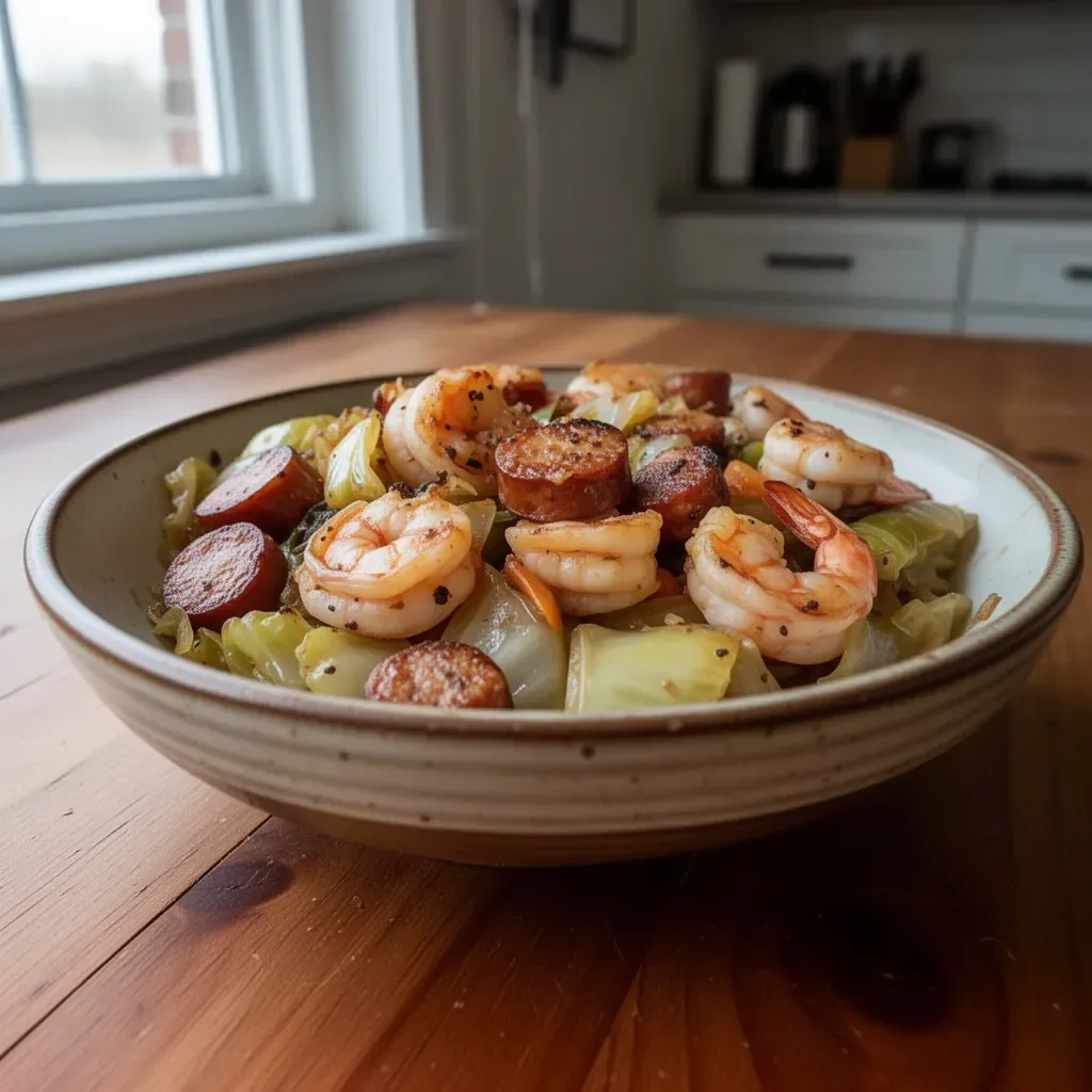 Plate of fried cabbage with shrimp and sausage garnished with herbs.