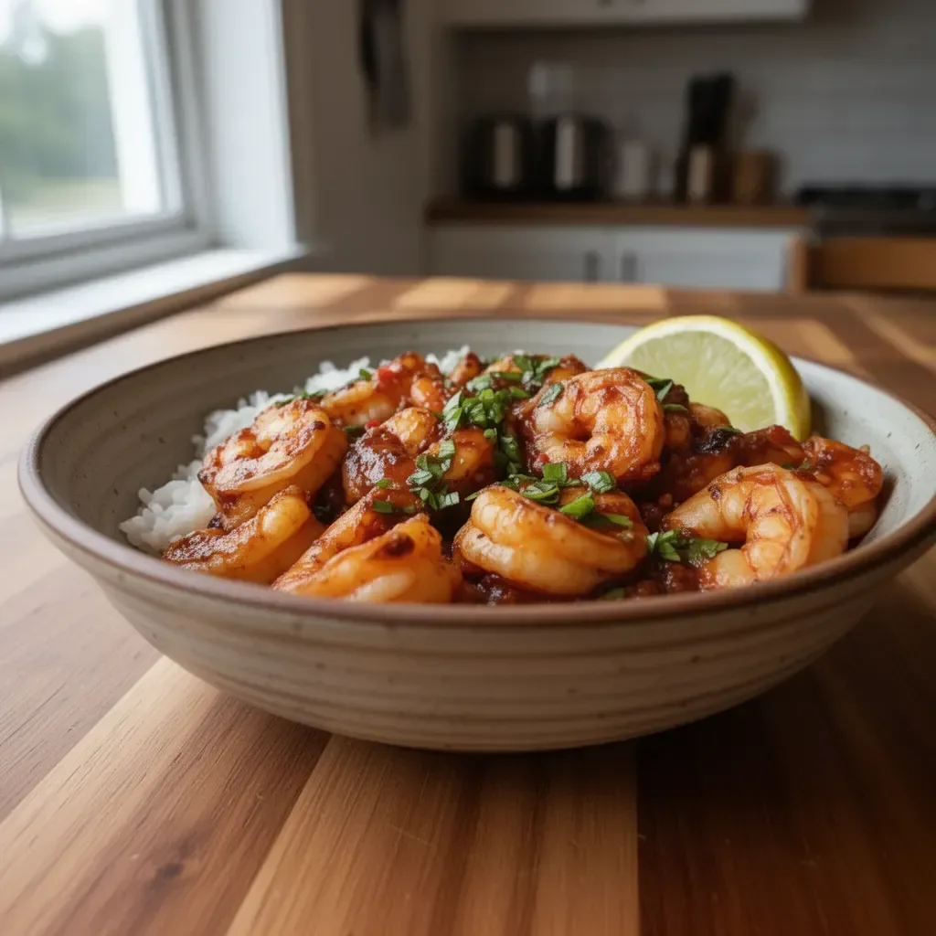 Dish of spicy Diablo Shrimp served vibrant with seasoning and garnished.