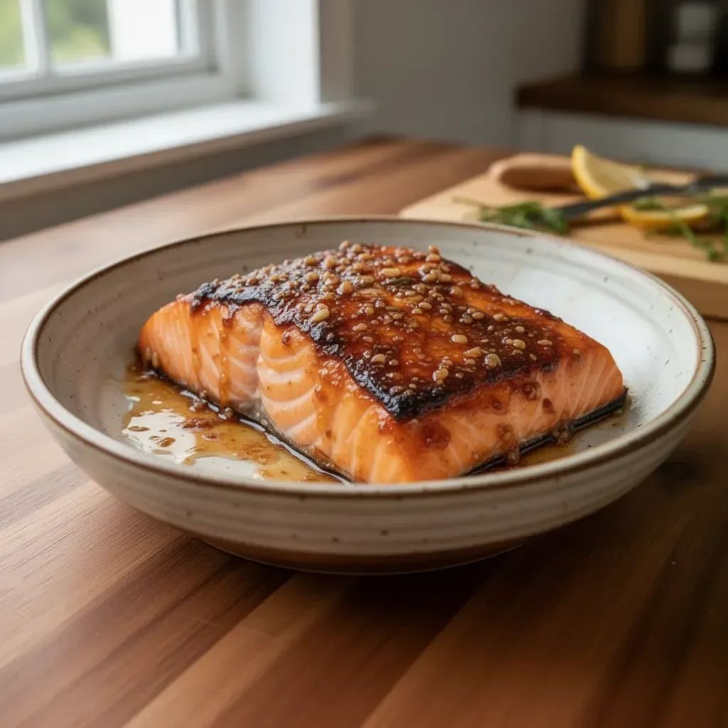 Honey garlic butter salmon dish baked to perfection, served with herbs.
