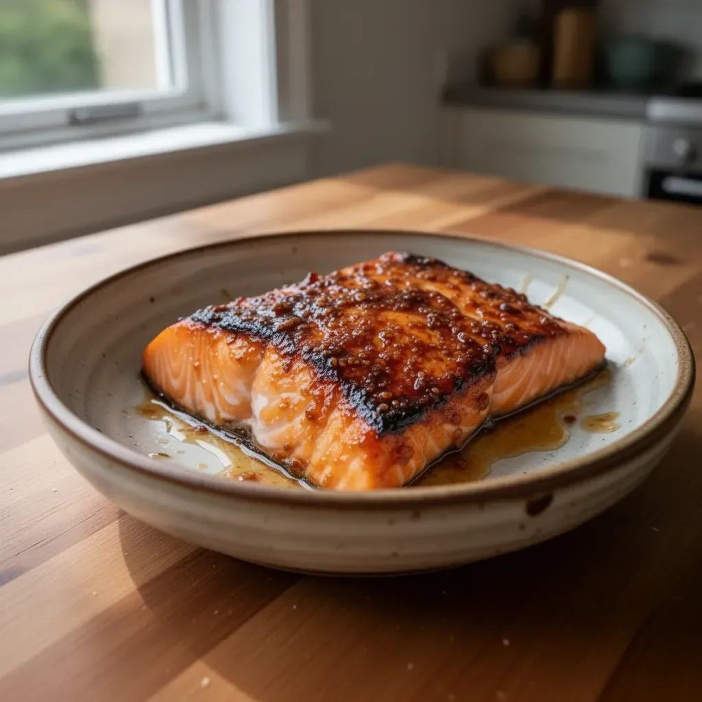 Honey garlic butter baked salmon dish with fresh herbs and garlic cloves
