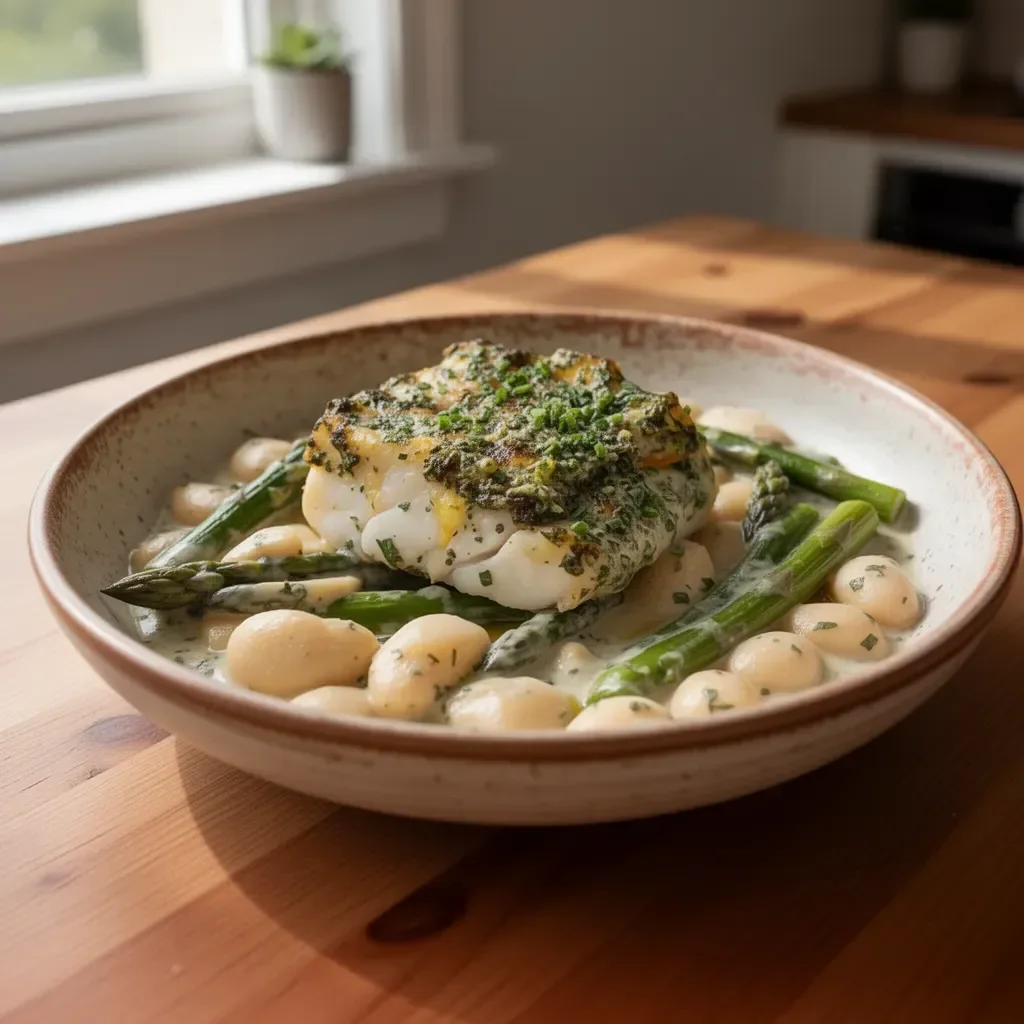 Easy air fryer cod served with herby mayo and asparagus on a plate