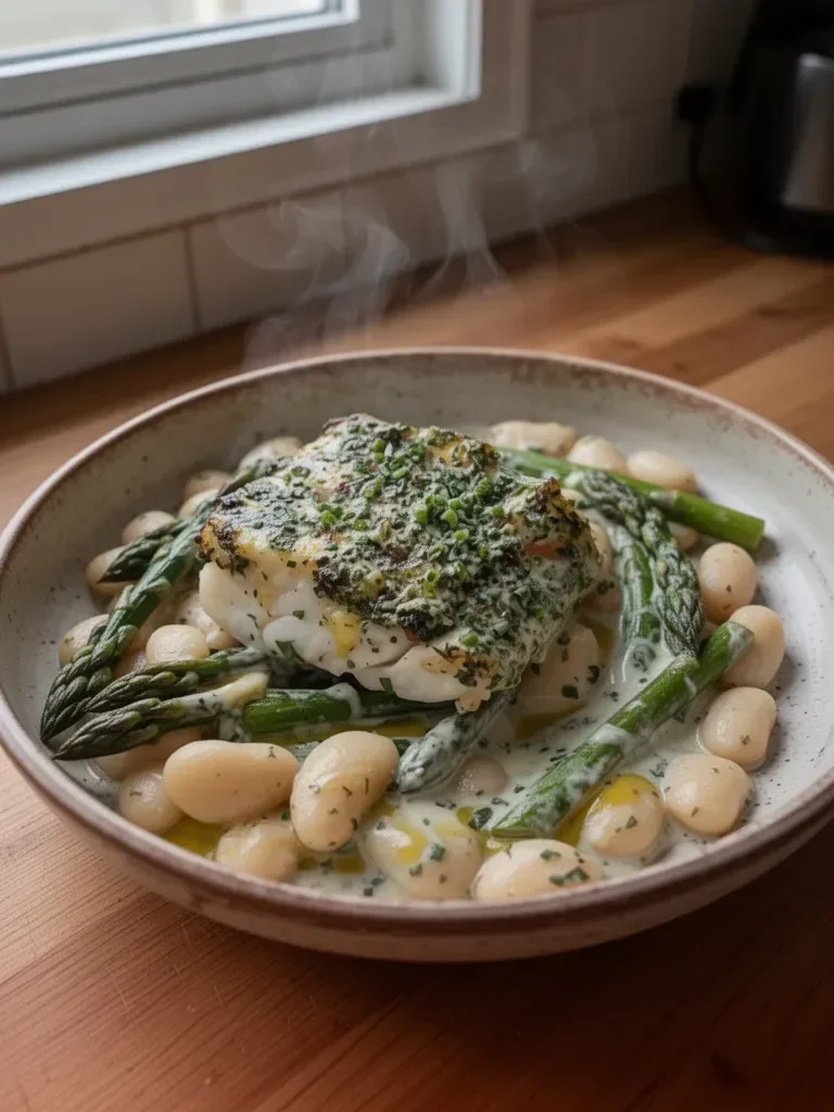 Easy Air Fryer Cod with Herby Mayo and Asparagus