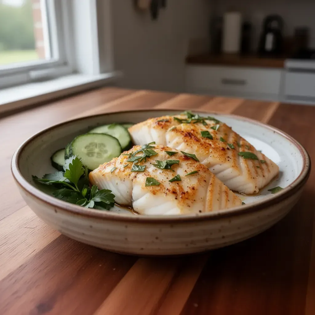 Deliciously baked halibut steaks served on a plate with lemon and herbs
