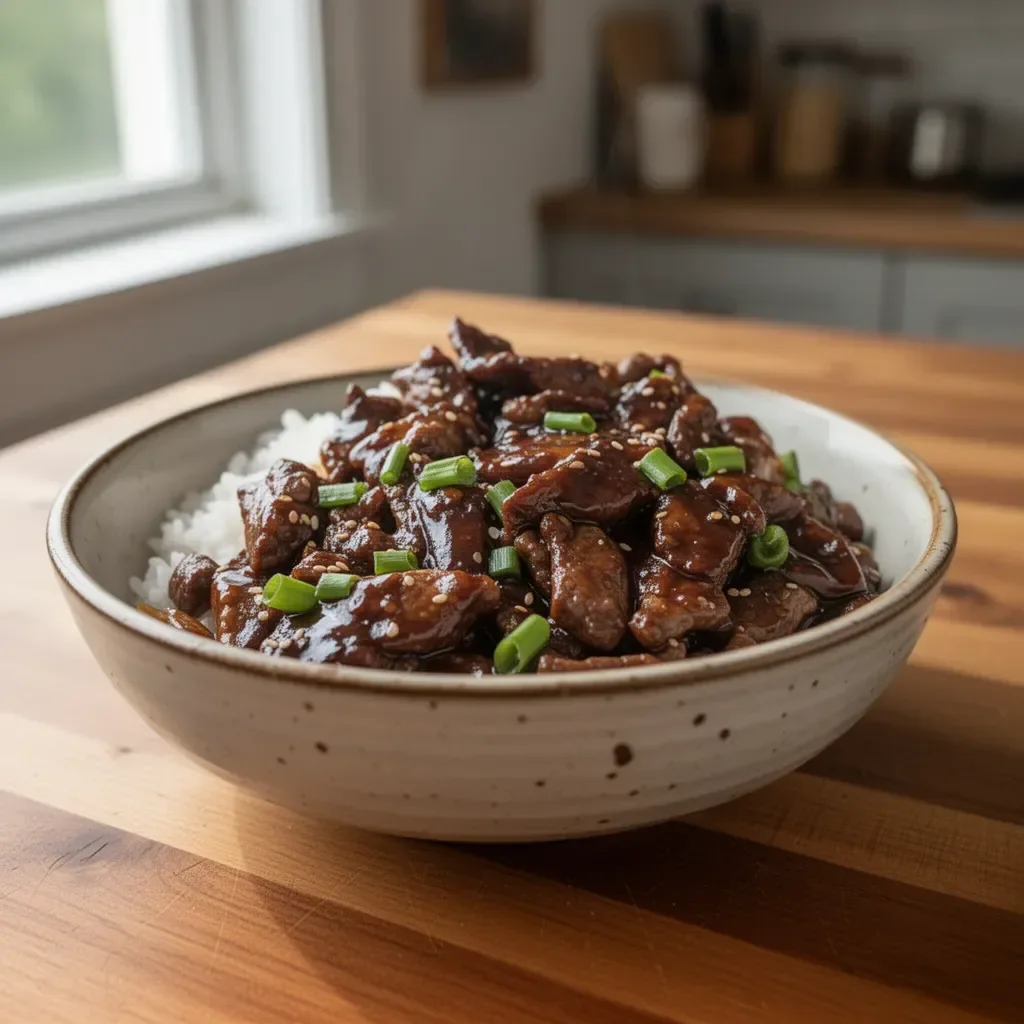 Delicious homemade beef teriyaki served with rice and vegetables.