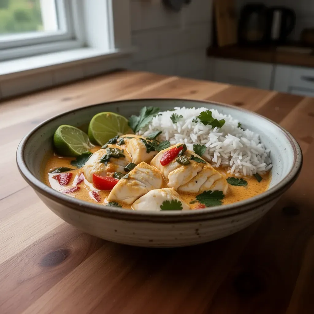 Easy coconut lime fish curry served with fragrant jasmine rice