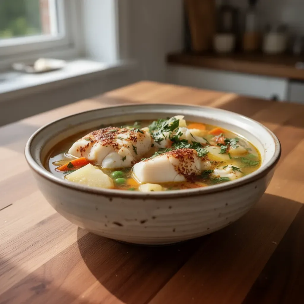 Bowl of easy fish soup garnished with herbs and vegetables