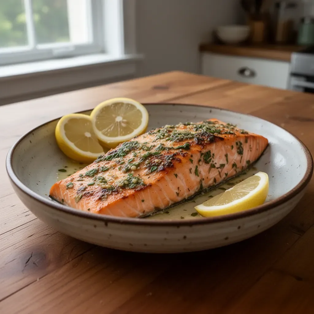 Lemon garlic butter baked salmon on a plate with fresh herbs.