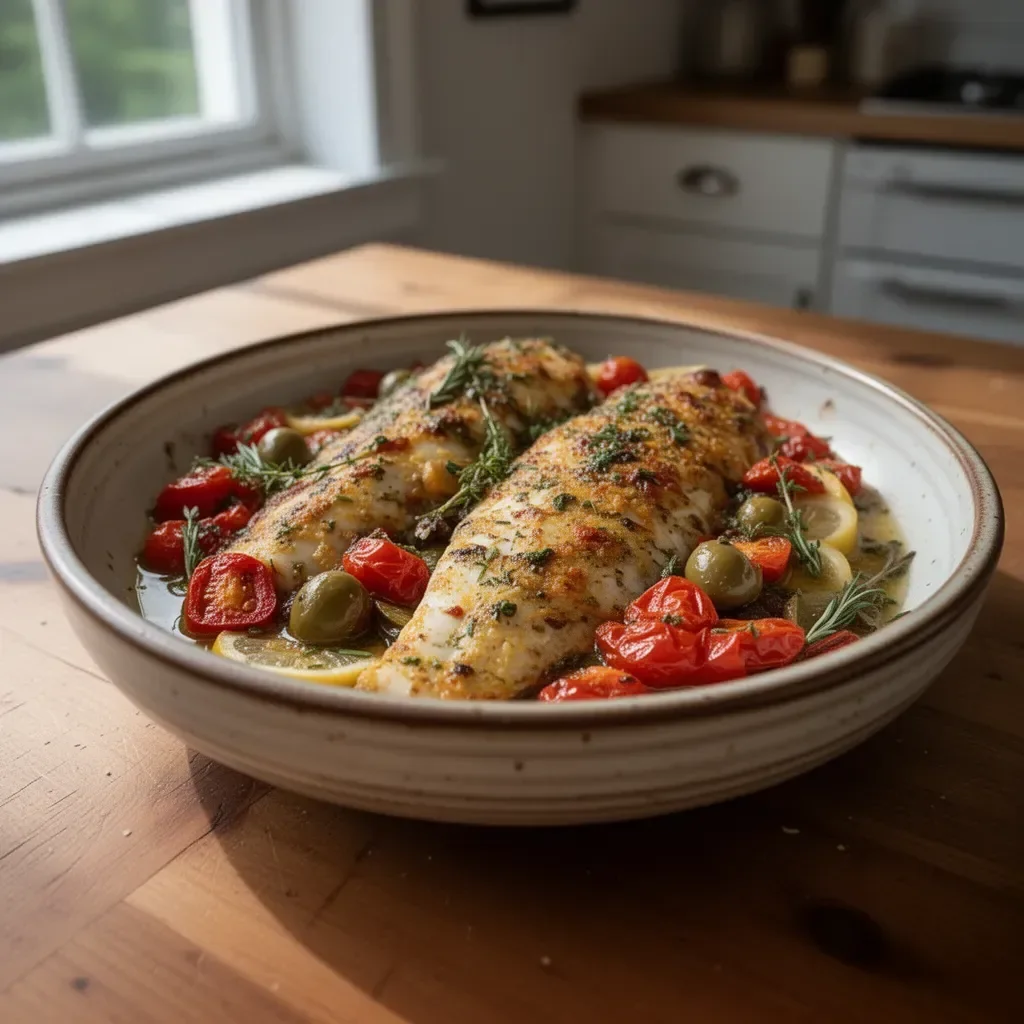 Delicious Mediterranean baked fish with herbs and lemon served on a plate