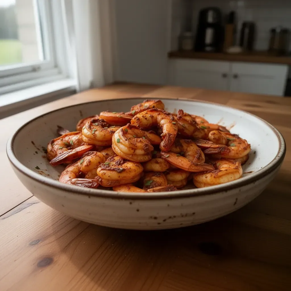 Delicious one pan Cajun shrimp dish served with vibrant vegetables and spices.