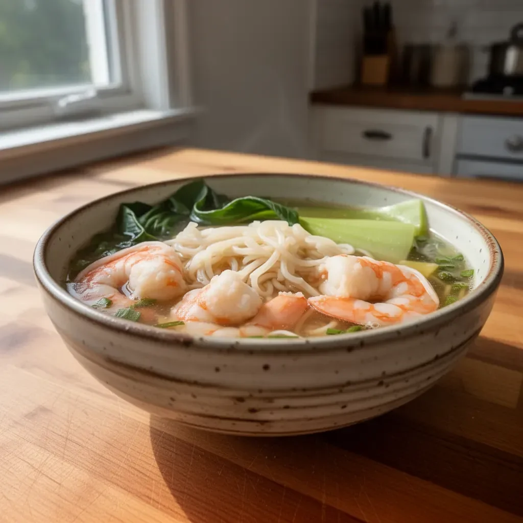 Bowl of Easy Shrimp Noodle Soup Chinese Style garnished with fresh herbs