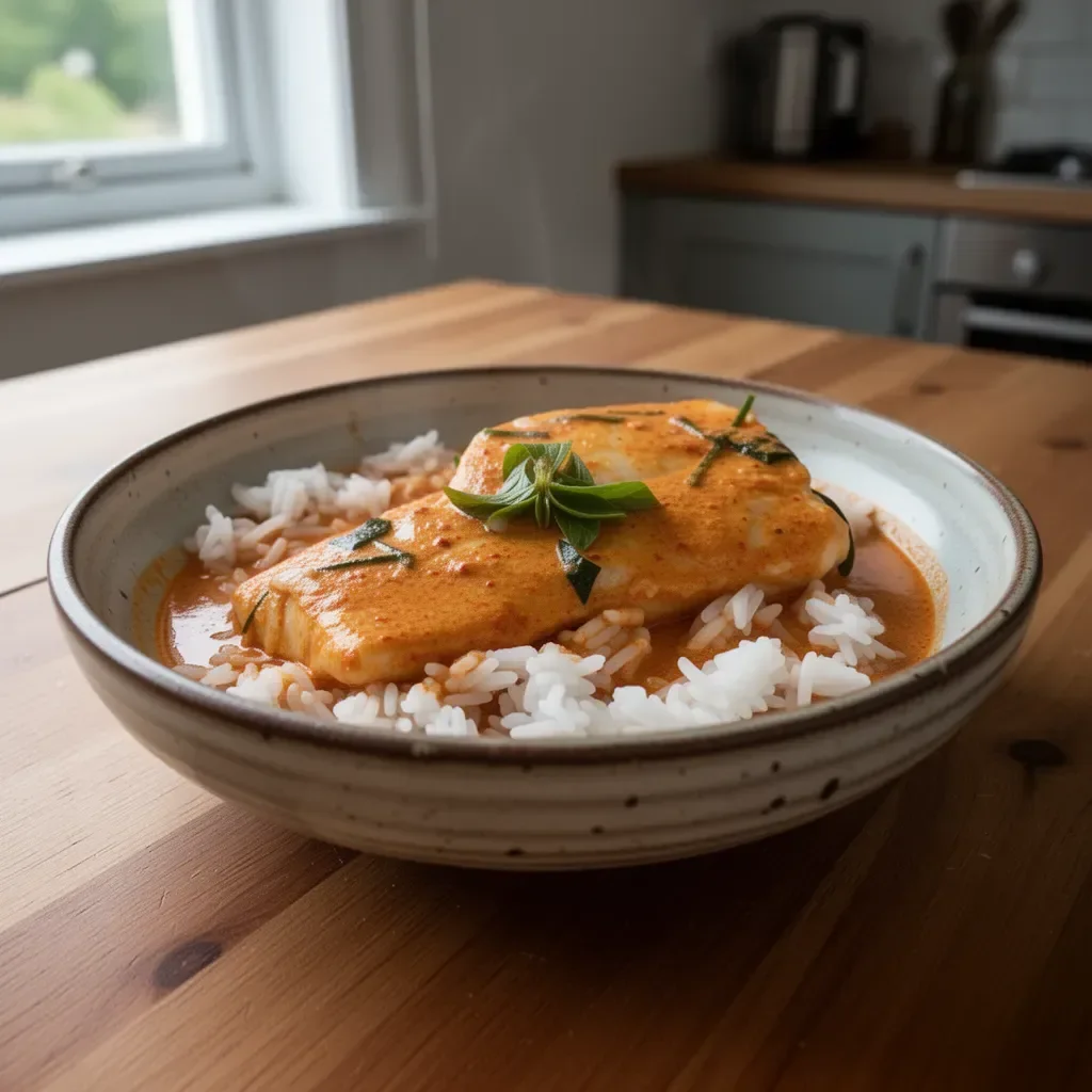 Dish of easy Thai red curry cod served with rice and vegetables