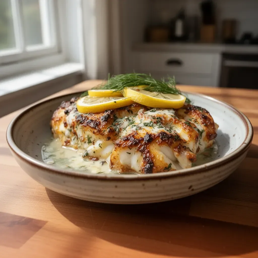 Easy lemon dill baked cod on a plate garnished with fresh herbs and lemon slices.