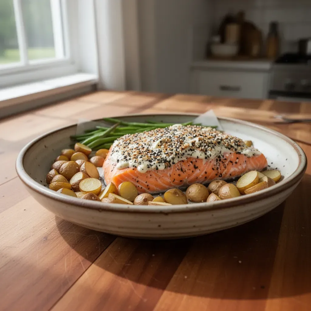 Sheet pan salmon crusted with everything bagel seasoning, served with fresh vegetables.