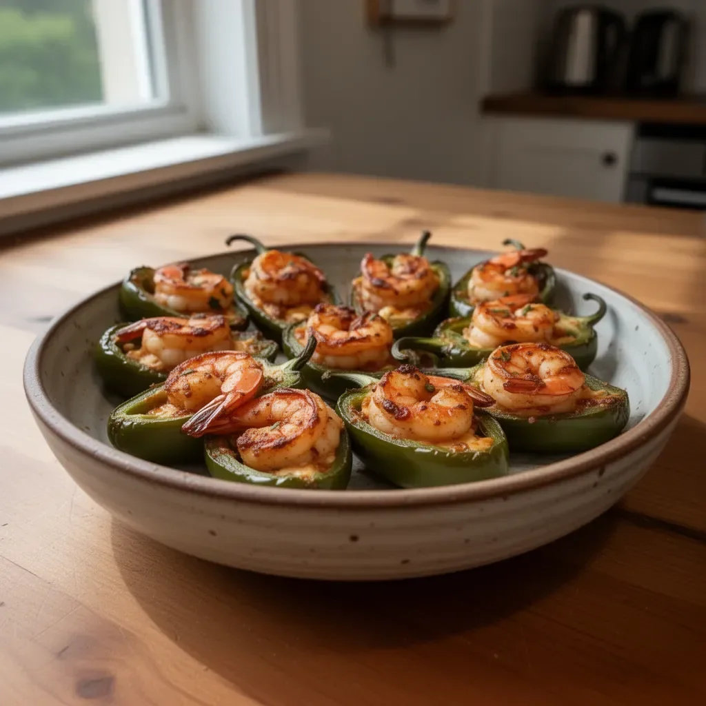 Fiery Cajun shrimp stuffed in jalapeños served on a platter.