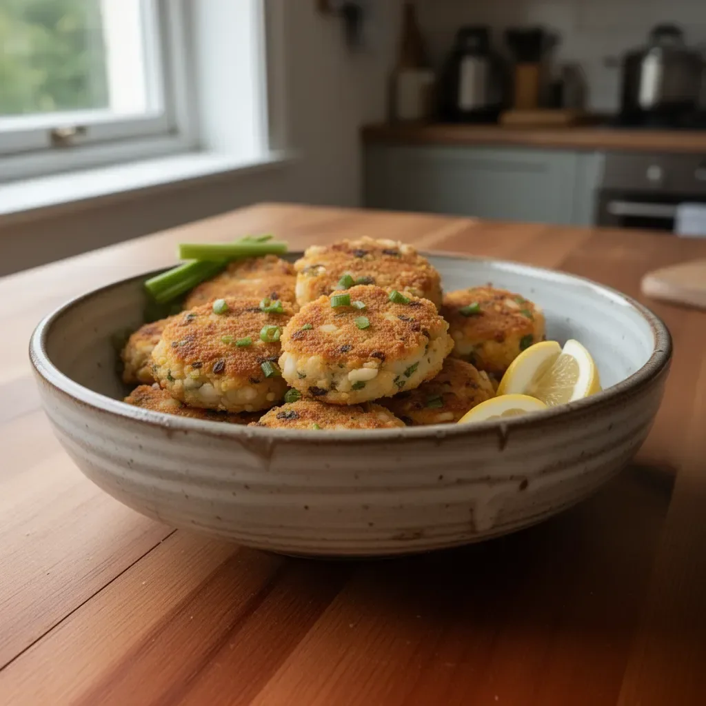 Homemade fish cakes served with lemon and herbs on a plate