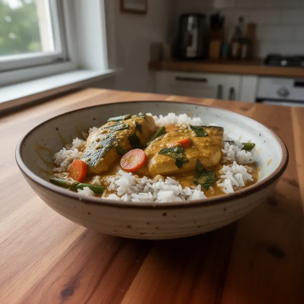 Delicious homemade fish curry with vibrant spices and fresh ingredients