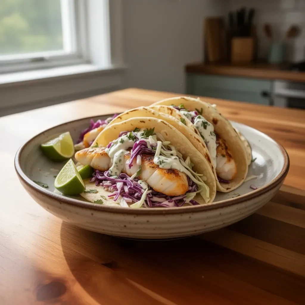 Delicious fish tacos served with vibrant cabbage slaw on a plate