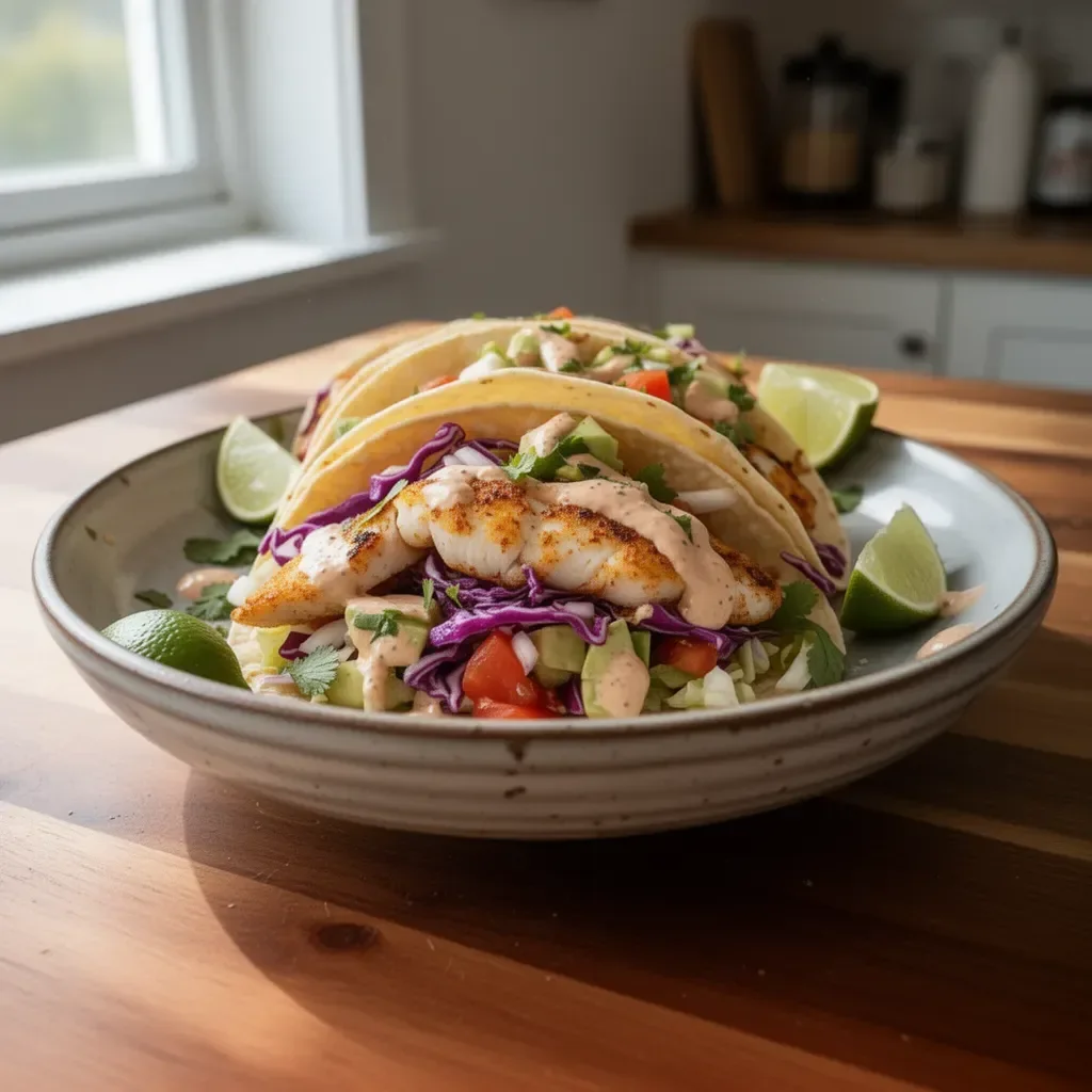 Delicious fish tacos topped with the best taco sauce, served on a plate.