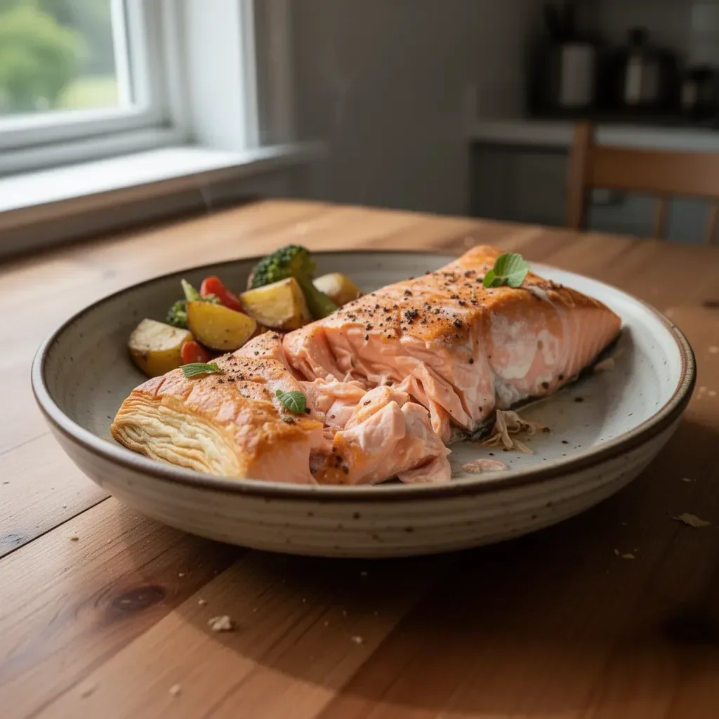 Flaky, buttery salmon fillet garnished with herbs, ready to serve.