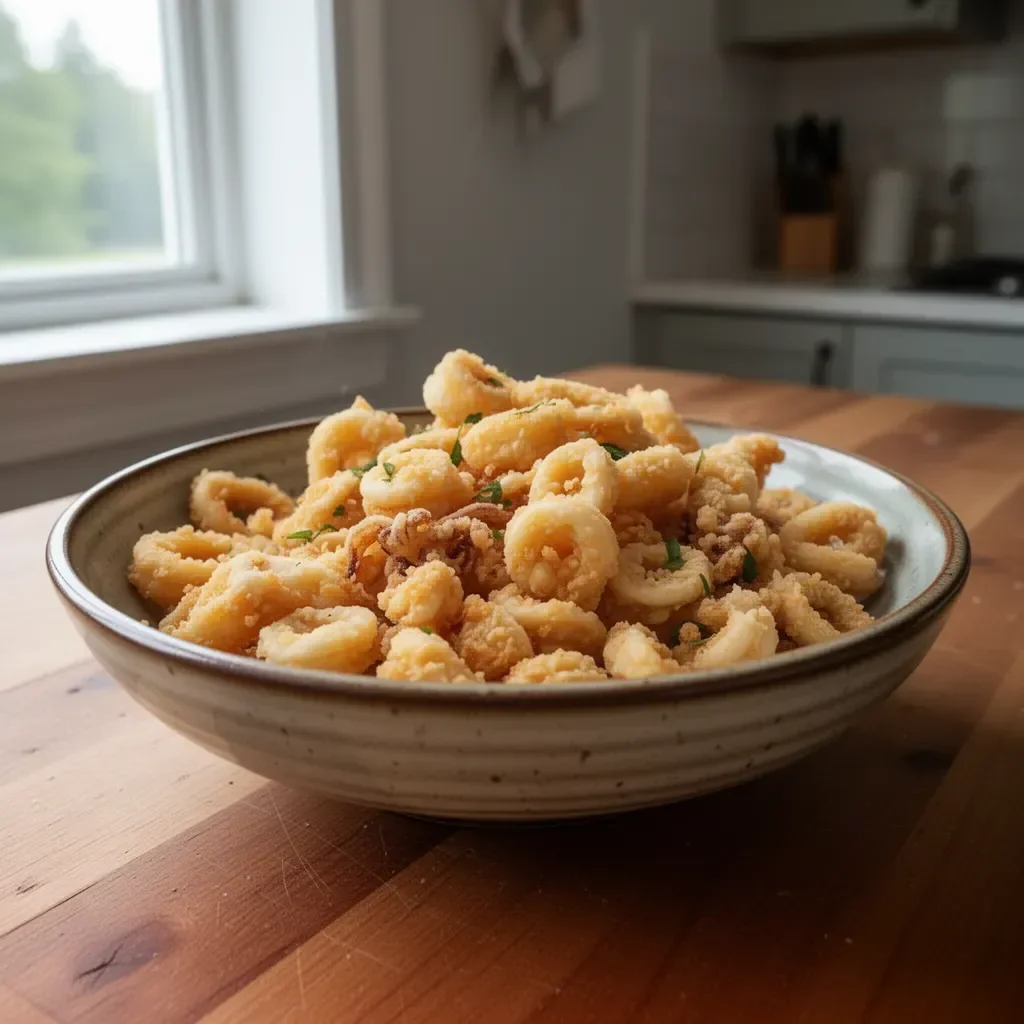 Plate of crispy fried calamari with a side of dipping sauce